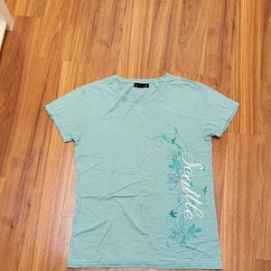 Mi Teal Short Sleeve Tee with Script and Floral Design